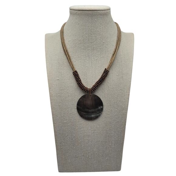 Lia Sophia Iridescent Shell Disc Tan Cord Beaded Pendant Necklace - Picture 4 of 6